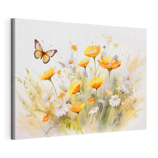 Papillon volant au-dessus d'une fleur jaune et blanche Tableaux Papillon volant au-dessus d'une fleur jaune et blanche