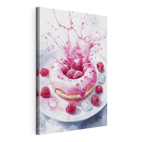Donut avec glaçage rose et framboises éclaboussant une assiette blanche Tableaux Donut avec glaçage rose et framboises éclaboussant une assiette blanche