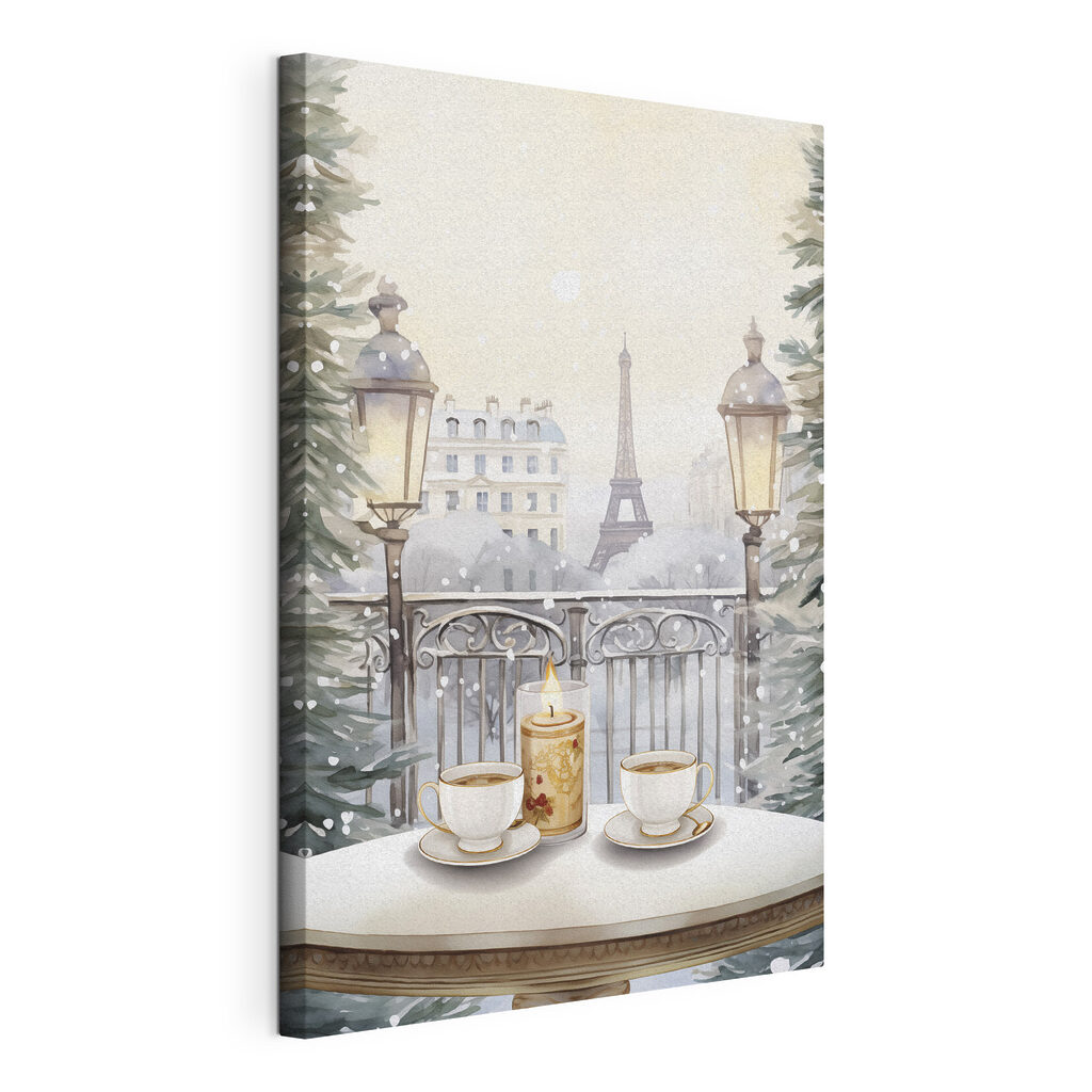 Painting of a tea set on a balcony with a tall tower in the background Painting of a tea set on a balcony with a tall tower in the background
