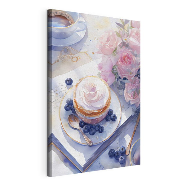Tableaux Peinture à l'aquarelle d'un dessert avec une rose sur une assiette avec des myrtilles et une cuillère (UGS : s43053) Tableaux Tableaux Peinture à l'aquarelle d'un dessert avec une rose sur une assiette avec des myrtilles et une cuillère (UGS : s43053)