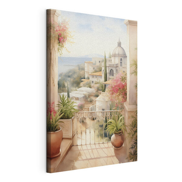 Aquarelle d'un balcon avec vue sur une ville Tableaux Aquarelle d'un balcon avec vue sur une ville