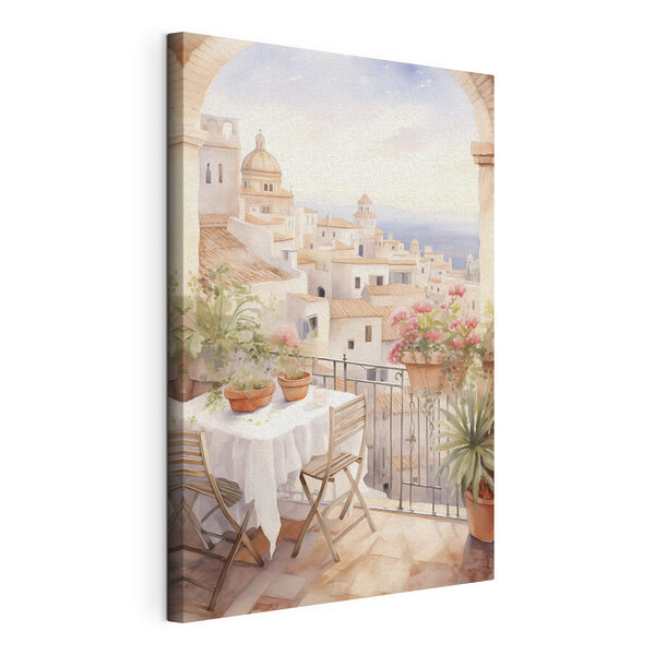 Tableaux Aquarelle représentant une table et des chaises sur un balcon avec vue sur la ville (UGS : s43184) Tableaux Tableaux Aquarelle représentant une table et des chaises sur un balcon avec vue sur la ville (UGS : s43184)