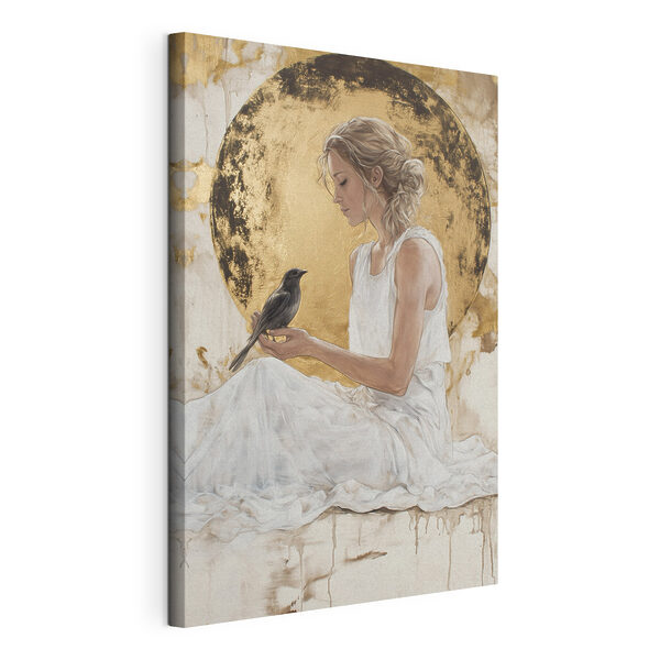 Femme en robe blanche tenant un oiseau Tableaux Femme en robe blanche tenant un oiseau