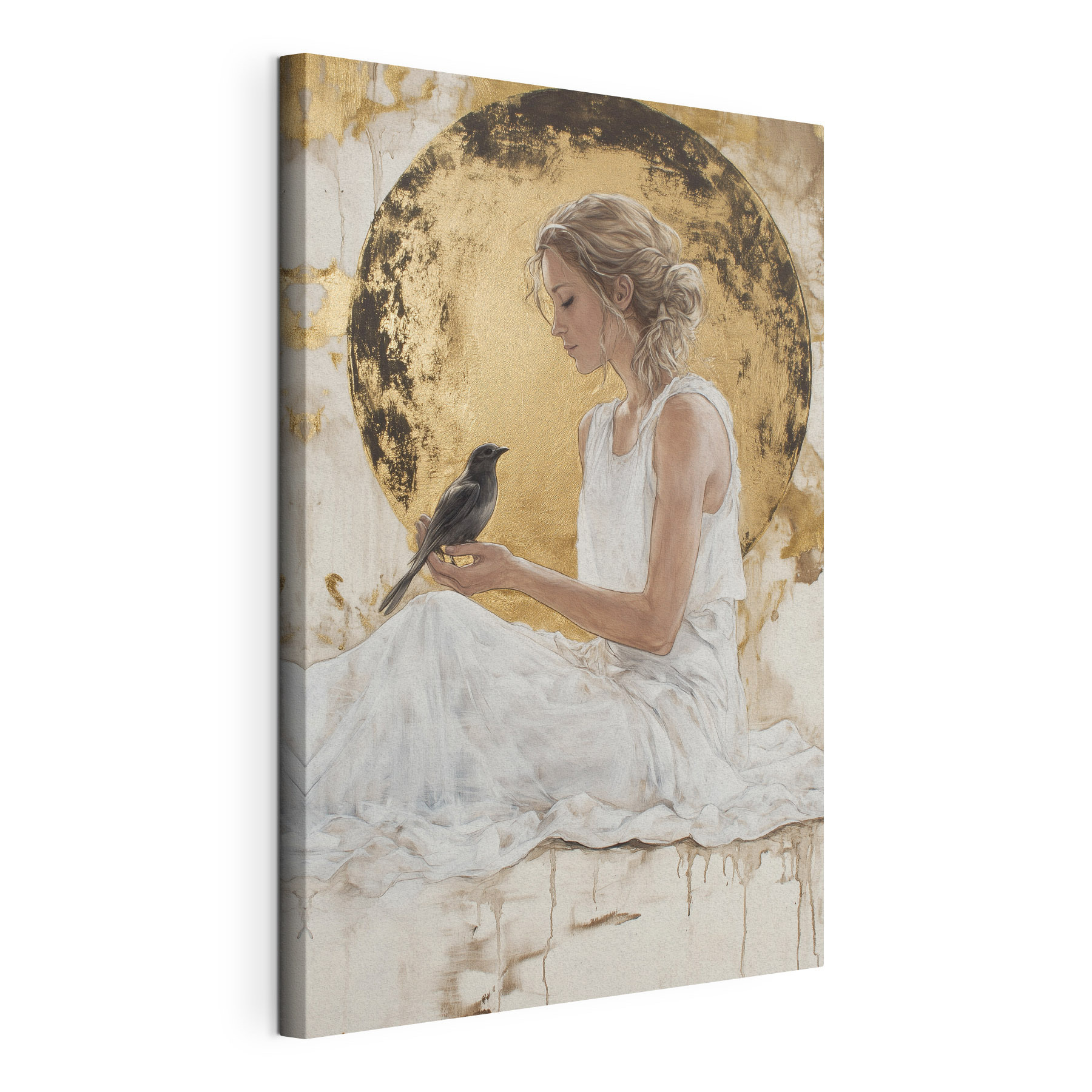 Woman in a white dress holding a bird