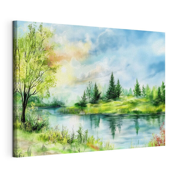 Aquarelle d'un lac avec des arbres et de l'herbe Tableaux Aquarelle d'un lac avec des arbres et de l'herbe