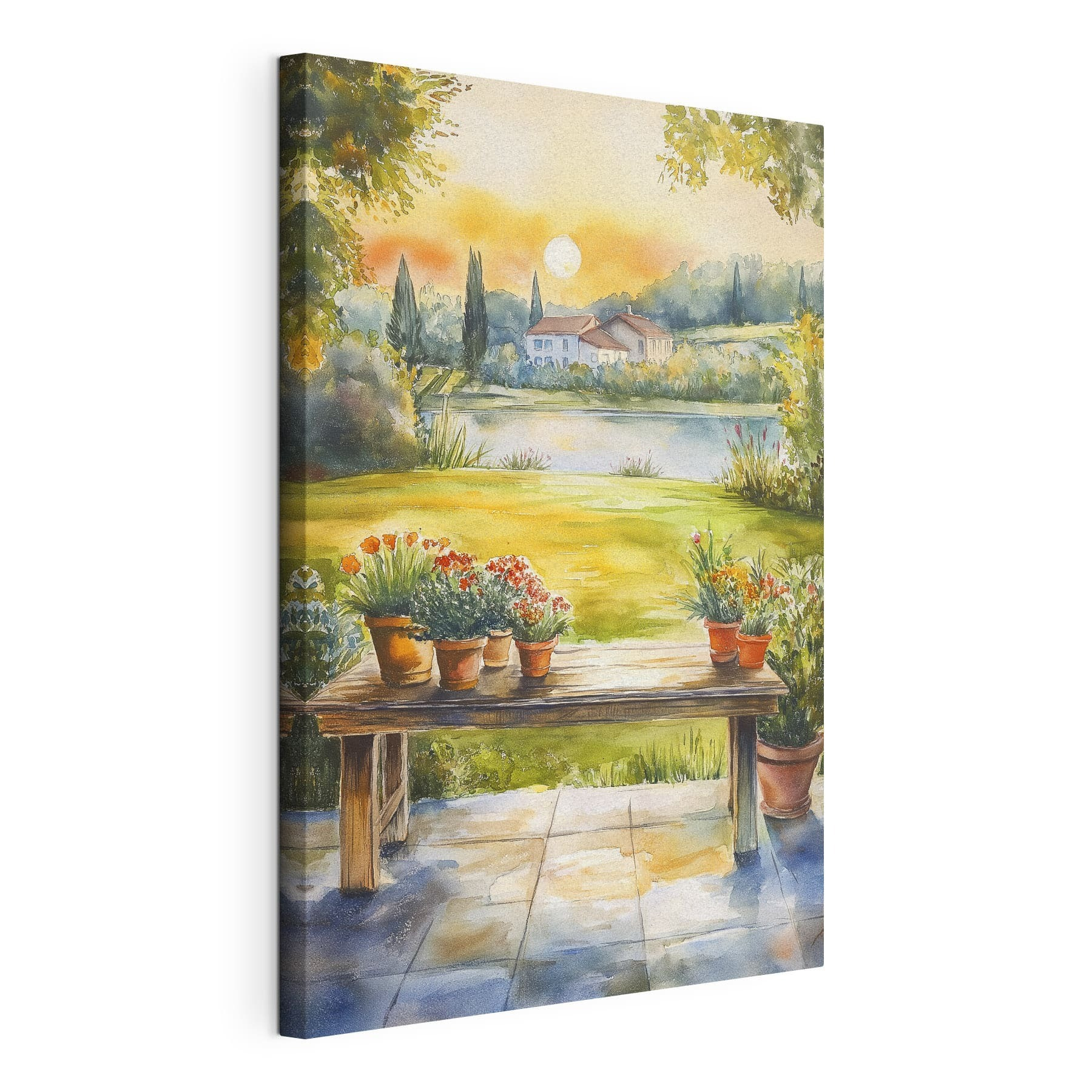 Watercolor painting of a table with potted plants on it