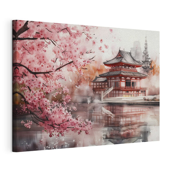 Aquarelle d'un bâtiment et d'un cerisier en fleurs Tableaux Aquarelle d'un bâtiment et d'un cerisier en fleurs