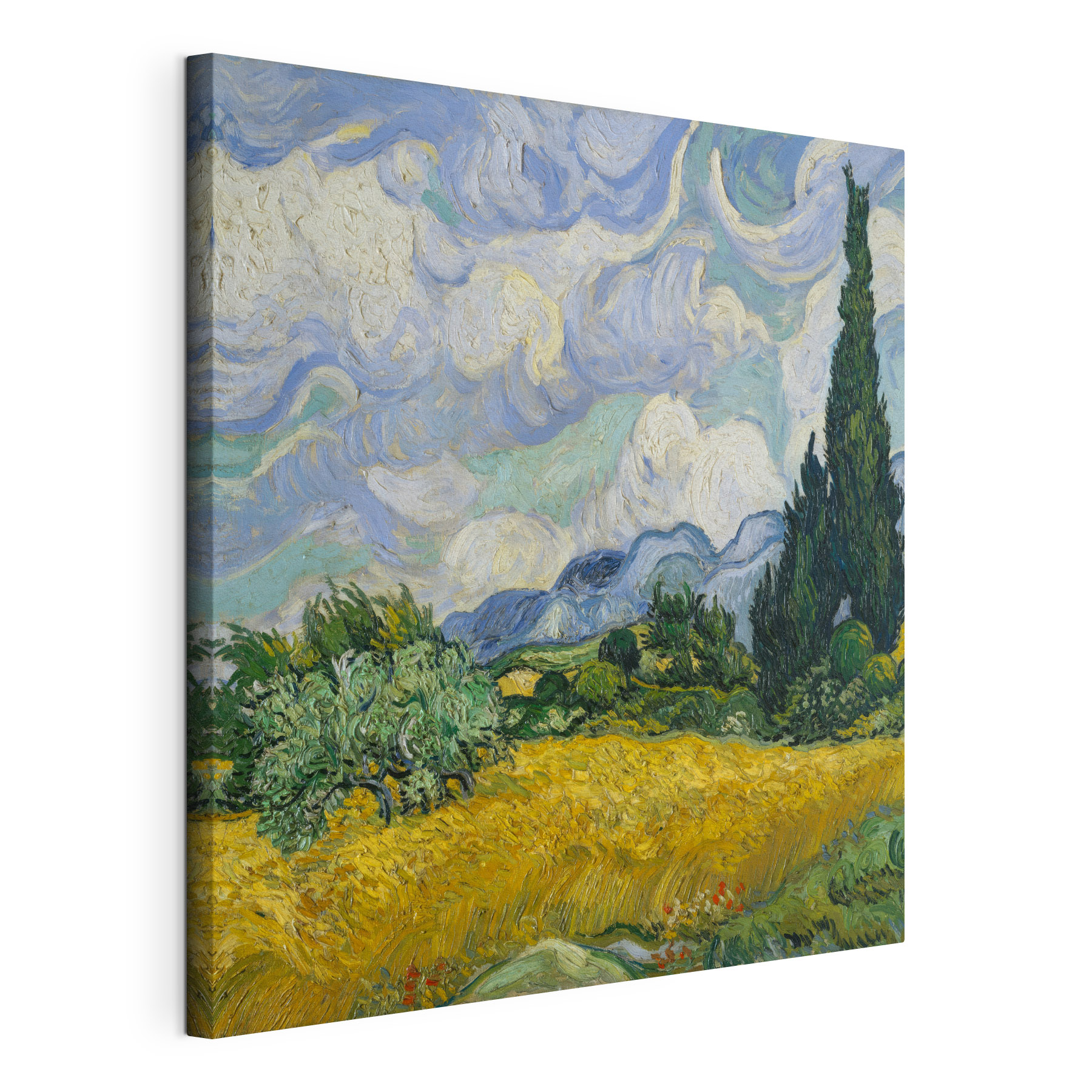 A painting of a landscape with trees and mountains A painting of a landscape with trees and mountains