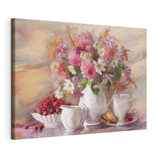Une peinture de fleurs dans un vase et un bol de nourriture Tableaux Une peinture de fleurs dans un vase et un bol de nourriture