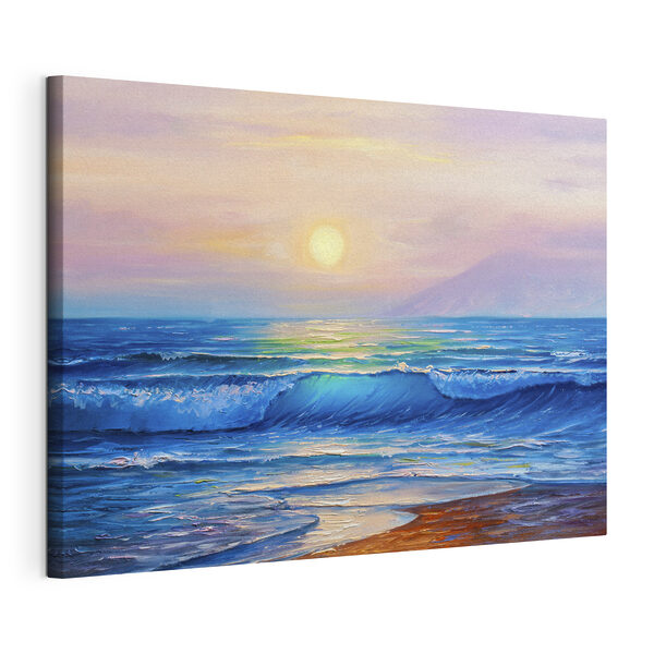 Peinture d'une plage avec des vagues et un coucher de soleil Tableaux Peinture d'une plage avec des vagues et un coucher de soleil