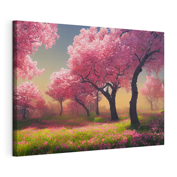 Un champ de fleurs roses avec des arbres Tableaux Un champ de fleurs roses avec des arbres