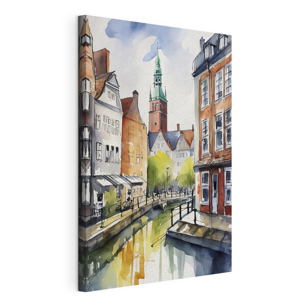 Tableaux Aquarelle d'un canal avec des bâtiments et une tour