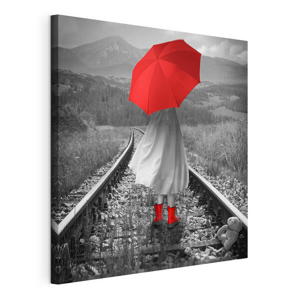 Une personne avec un parapluie rouge sur une voie ferrée Tableaux Une personne avec un parapluie rouge sur une voie ferrée
