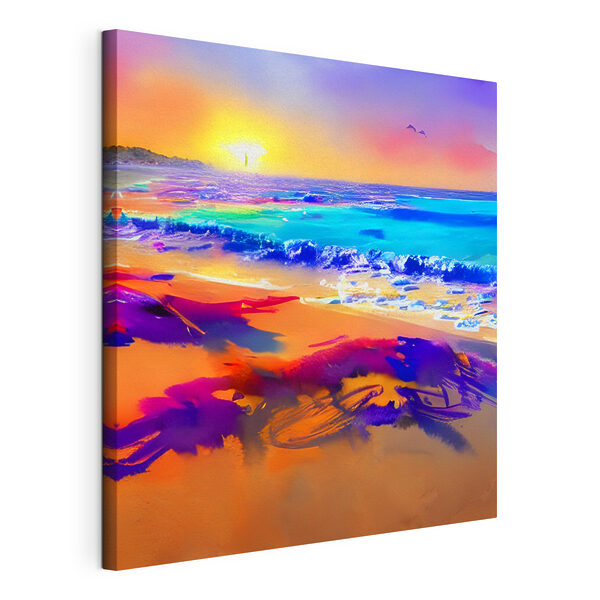 Tableaux Une plage colorée avec des vagues et un coucher de soleil