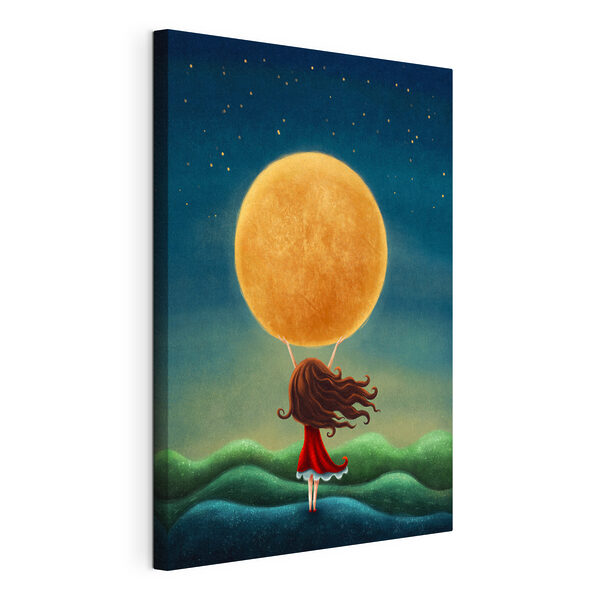 Une fille tenant une grande lune jaune Tableaux Une fille tenant une grande lune jaune