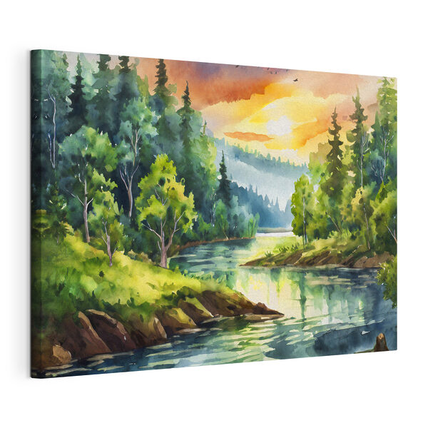 Aquarelle d'une rivière avec des arbres et des montagnes en arrière-plan Tableaux Aquarelle d'une rivière avec des arbres et des montagnes en arrière-plan