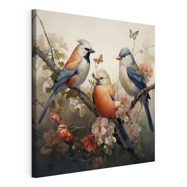 Groupe d'oiseaux sur une branche avec des fleurs Tableaux Groupe d'oiseaux sur une branche avec des fleurs