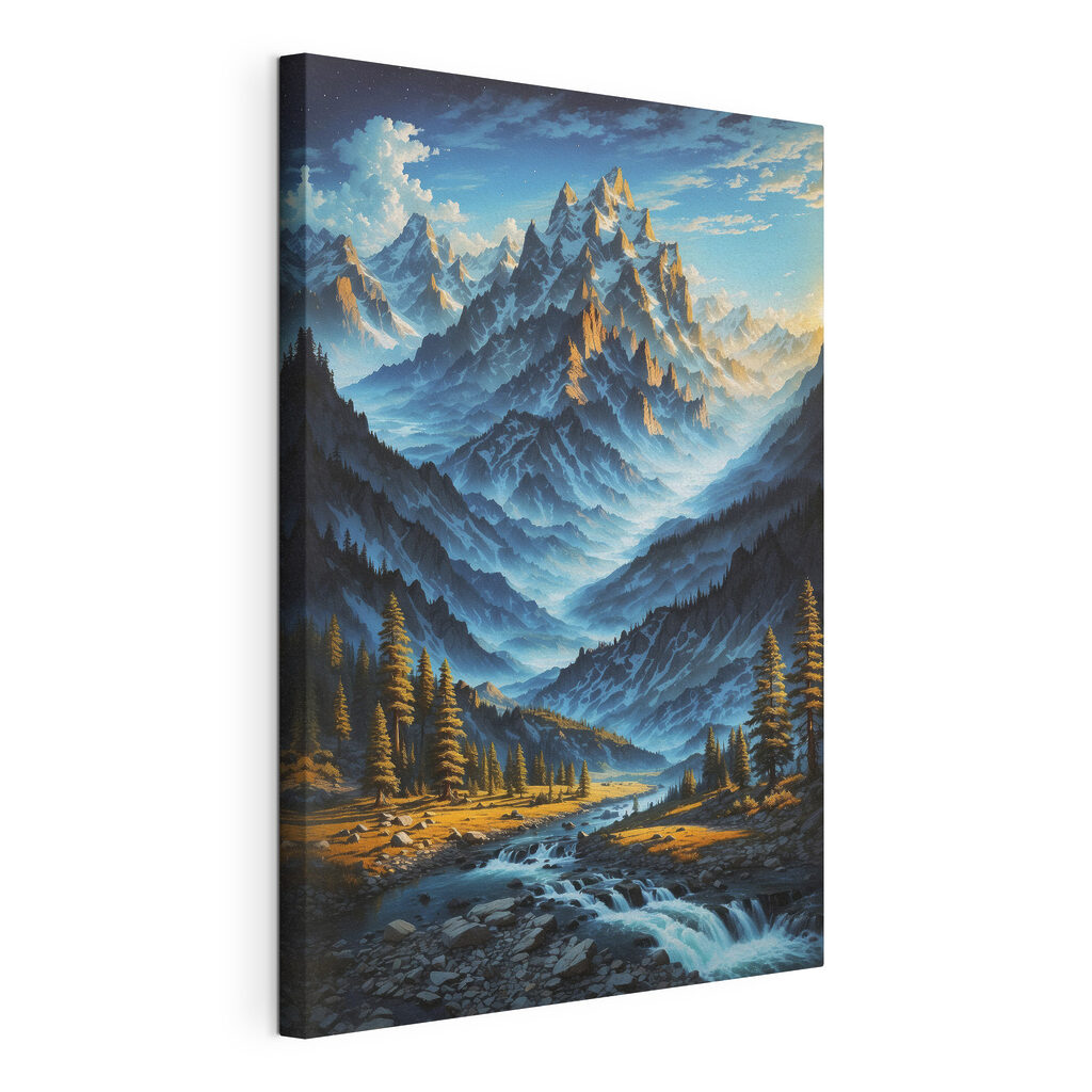 A mountain range with trees and a river