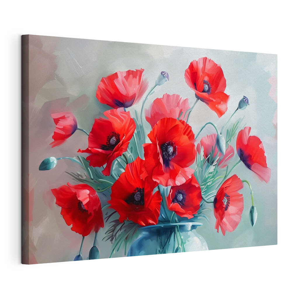A painting of red flowers in a vase