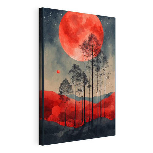 Une peinture d'arbres et une lune rouge Tableaux Une peinture d'arbres et une lune rouge