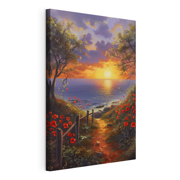 Tableaux Peinture d'un chemin menant à un plan d'eau avec des fleurs