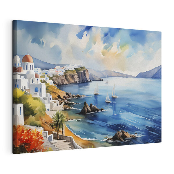 Peinture à l'aquarelle d'une ville sur une falaise Tableaux Peinture à l'aquarelle d'une ville sur une falaise