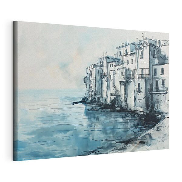 Une aquarelle d'un bâtiment près d'un plan d'eau Tableaux Une aquarelle d'un bâtiment près d'un plan d'eau