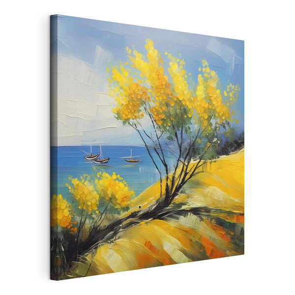 Une peinture d'un arbre jaune et de bateaux dans l'eau Tableaux Une peinture d'un arbre jaune et de bateaux dans l'eau