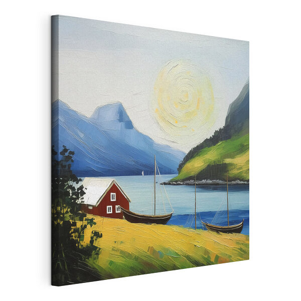 Peinture d'une maison et de bateaux sur un lac Tableaux Peinture d'une maison et de bateaux sur un lac