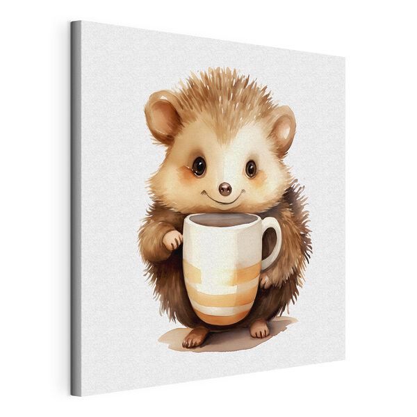 A watercolor of a hedgehog holding a cup A watercolor of a hedgehog holding a cup