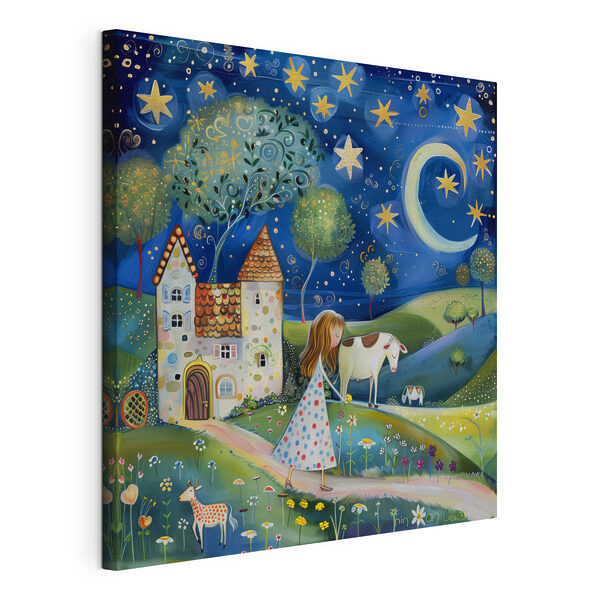 Fille marchant sur un chemin avec une vache et une maison Tableaux Fille marchant sur un chemin avec une vache et une maison