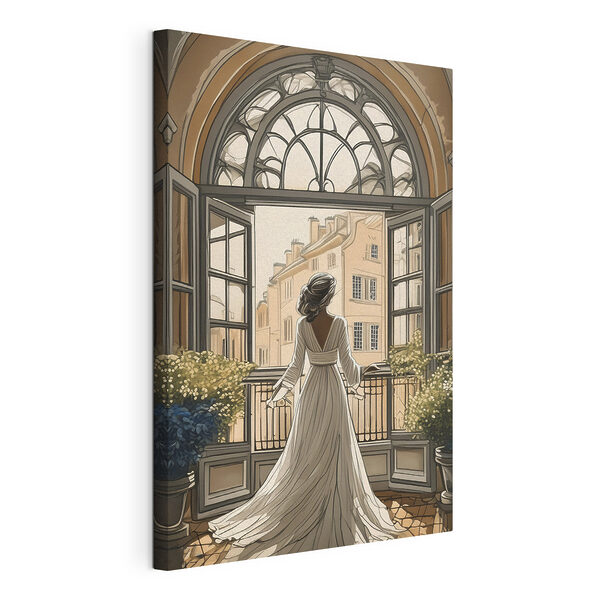 Femme en robe blanche regardant par la fenêtre Tableaux Femme en robe blanche regardant par la fenêtre