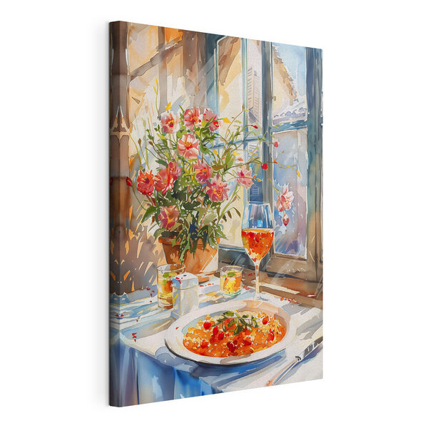 Peinture à l'aquarelle d'une table avec de la nourriture et des fleurs Tableaux Peinture à l'aquarelle d'une table avec de la nourriture et des fleurs