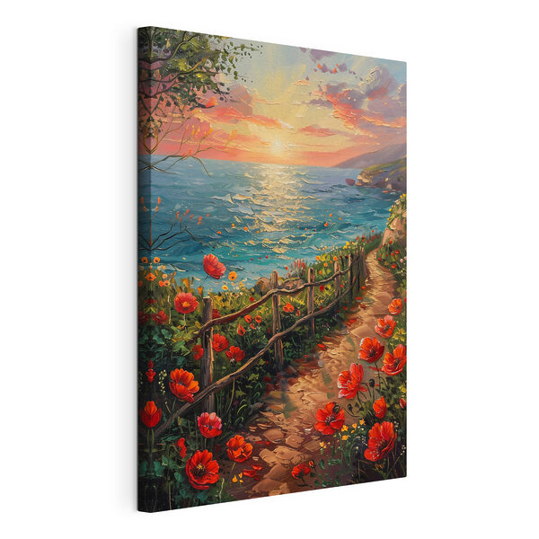 Peinture d'un chemin au bord de l'eau avec des fleurs Tableaux Peinture d'un chemin au bord de l'eau avec des fleurs