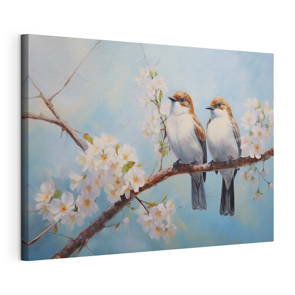 Tableaux Deux oiseaux sur une branche avec des fleurs blanches