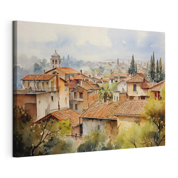 Tableaux Aquarelle d'une ville avec de nombreux bâtiments et arbres