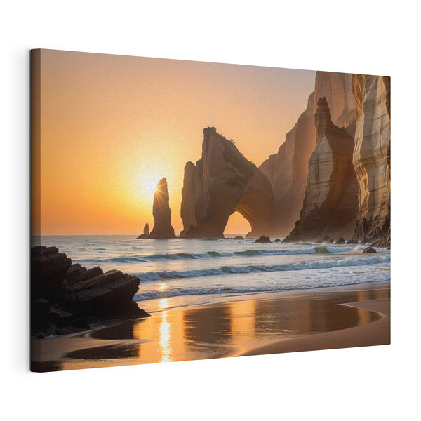 Coucher de soleil sur une plage avec des rochers et de l'eau Tableaux Coucher de soleil sur une plage avec des rochers et de l'eau