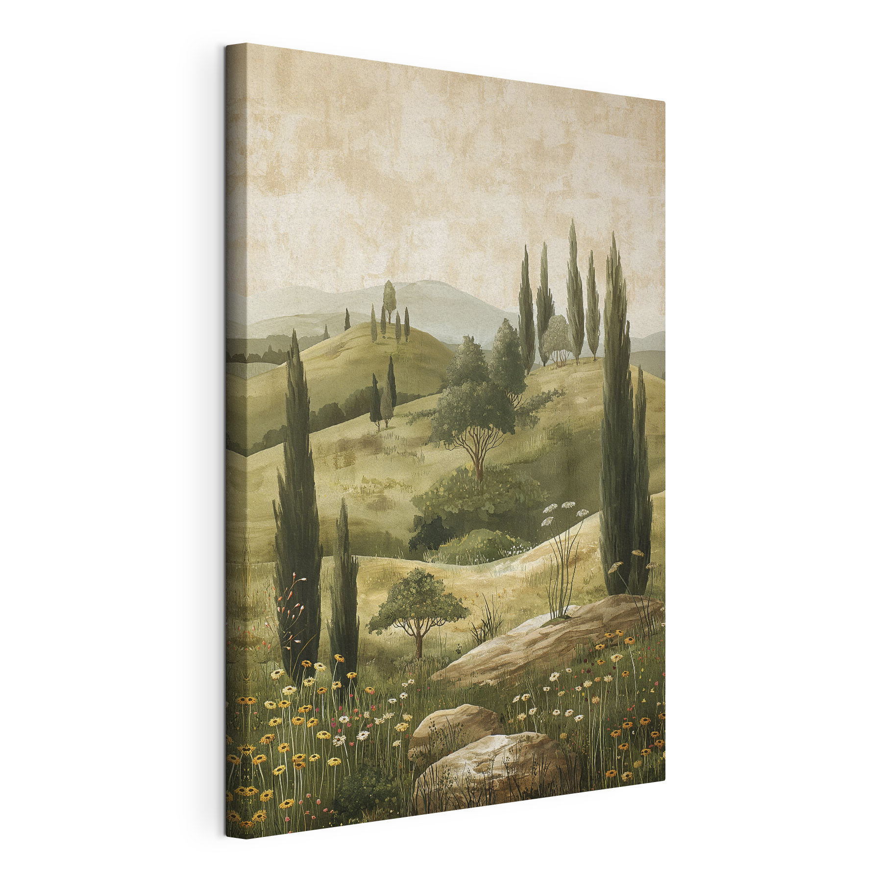 Painting of a landscape with trees and hills