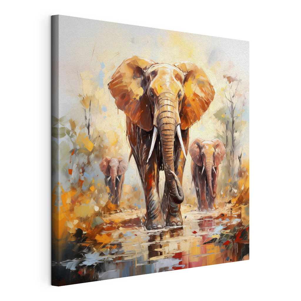 Group of elephants walking through water