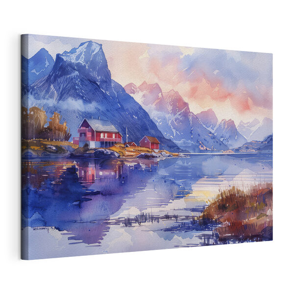 Watercolor painting of a house on a hill next to a lake Watercolor painting of a house on a hill next to a lake