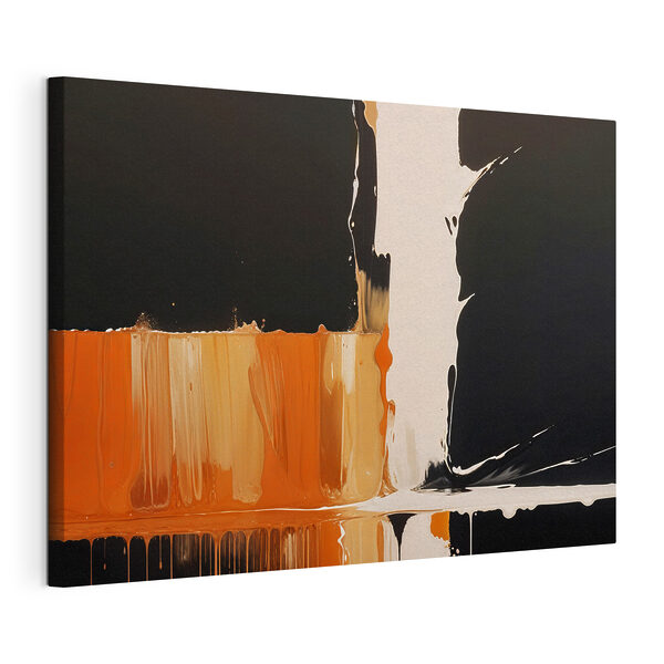 Tableaux Peinture blanche et orange dégoulinant sur une surface noire