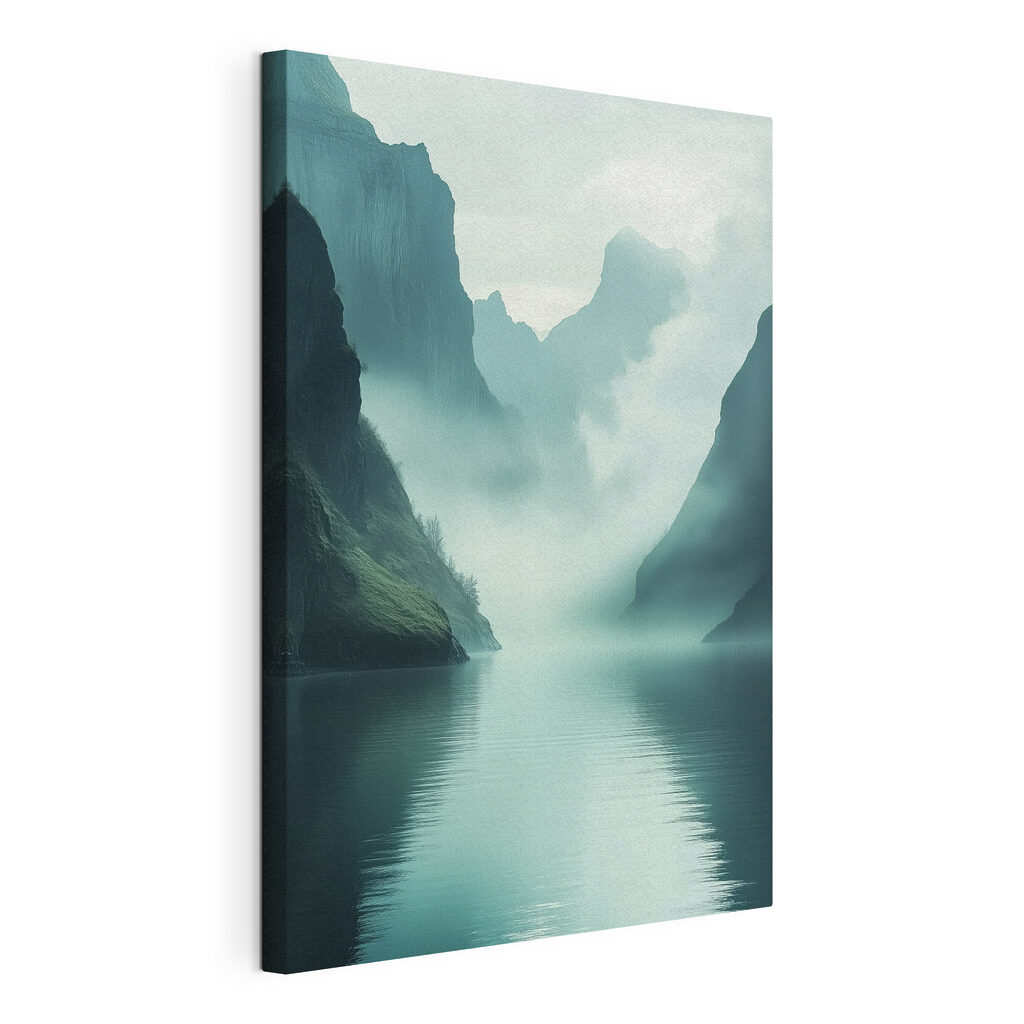 Body of water with mountains and fog Body of water with mountains and fog