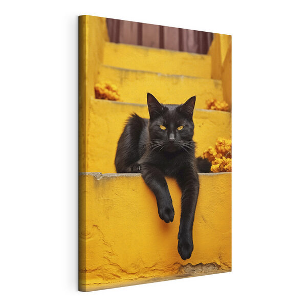 Chat noir couché sur un escalier Tableaux Chat noir couché sur un escalier