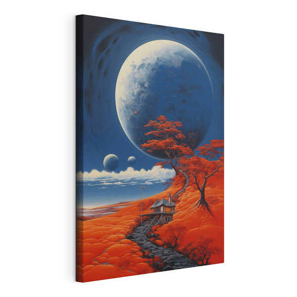 Maison sur une colline avec des orangers et une grande lune Tableaux Maison sur une colline avec des orangers et une grande lune