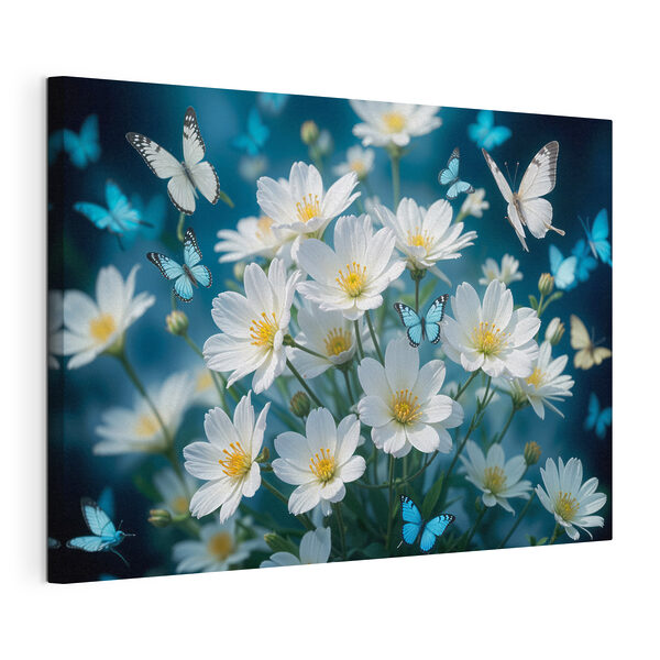 Tableaux Groupe de papillons volant autour d'une fleur blanche
