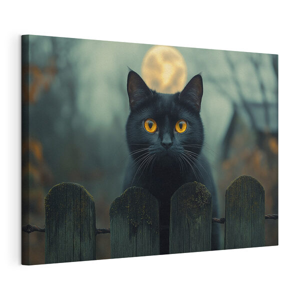 Tableaux Chat noir aux yeux jaunes derrière une clôture