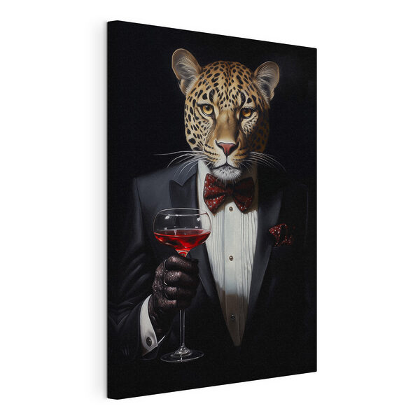 Léopard en costume et nœud papillon tenant un verre de vin Tableaux Léopard en costume et nœud papillon tenant un verre de vin