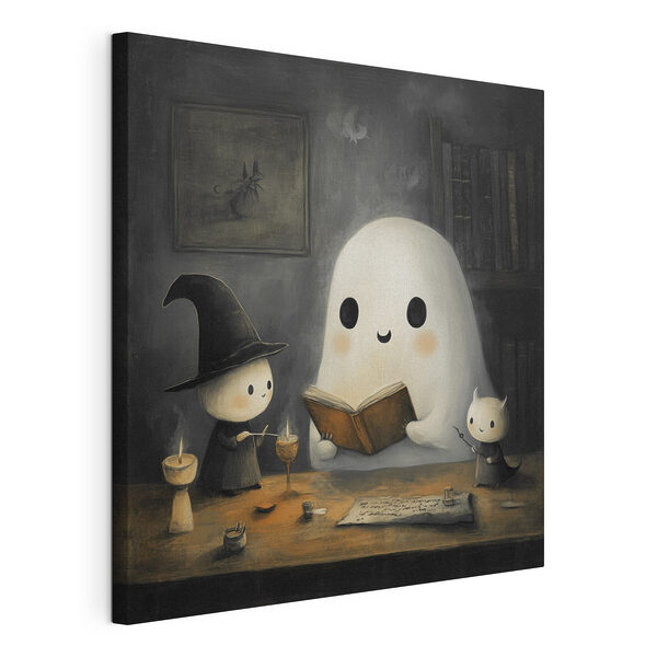 Ghost reading a book with two little people