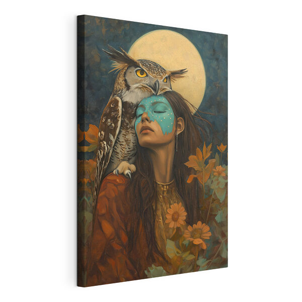 Tableaux Peinture d'une femme avec un hibou sur la tête