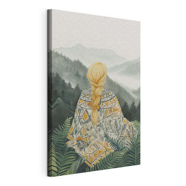 Femme assise dans une forêt regardant les montagnes Tableaux Femme assise dans une forêt regardant les montagnes